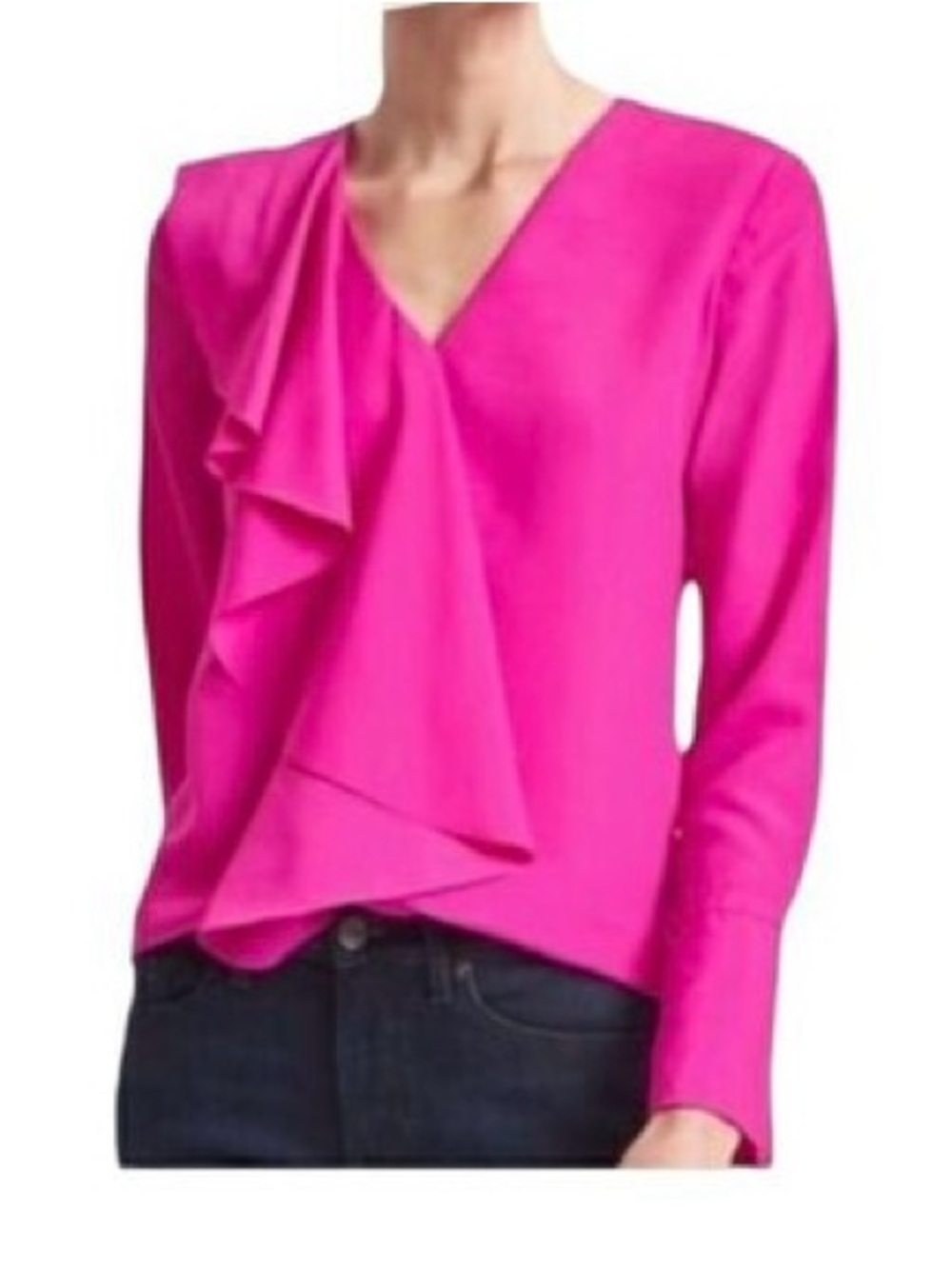 Banana Republic V-Neck Ruffle Long-Sleeve Top - Hot Pink